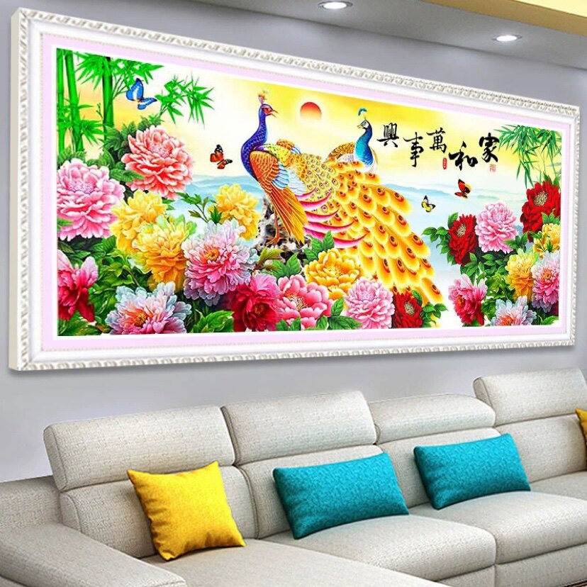 家和万事兴钻石画2026新款客厅孔雀牡丹花十字绣现代风景大画