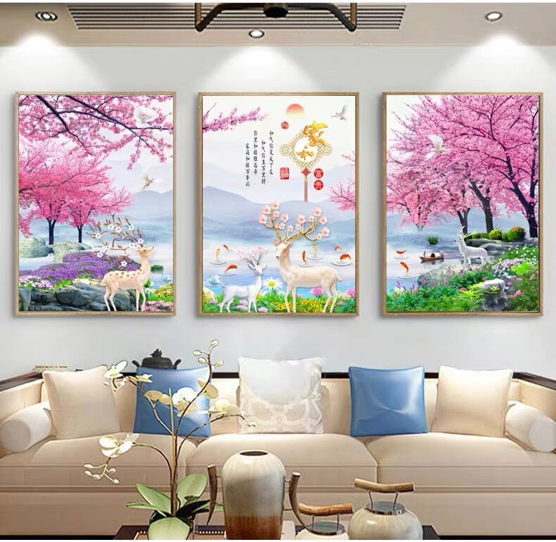2026新款5d钻石画客厅满钻贴钻十字绣砖秀简约欧式麋鹿三联画卧室