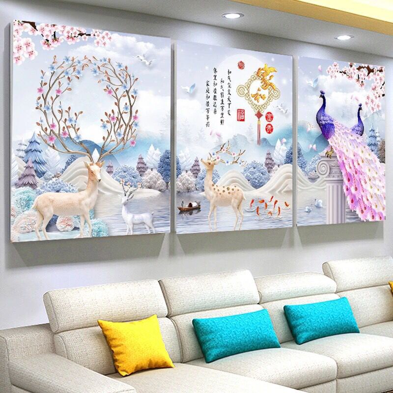 2025新款5d钻石画客厅满钻贴钻十字绣砖秀简约欧式孔雀麋鹿三联画