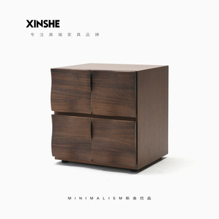 极简床头柜中古风简约主卧设计师高级感复古胡桃木涟漪柜新舍 意式