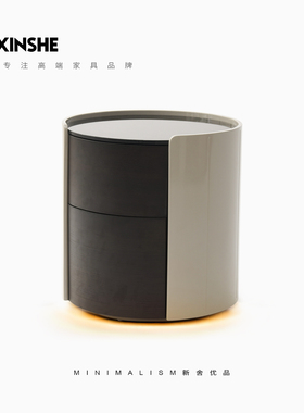 意式极简床头柜烤漆圆形轻奢高级感设计师带灯款灰色简约主卧新舍