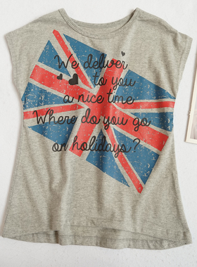 140CM女孩背心短袖T恤上衣纯棉圆领灰色字母文化衫休闲童装S26