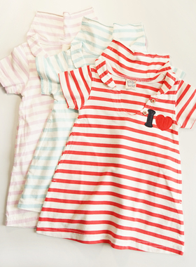 女童夏装纯棉A字裙连衣裙短袖女孩童装裙子条纹海军风80-90cm6627