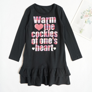 日系千家女童长袖连衣裙纯棉圆领黑色中大童春秋裙子洋气童装Q05