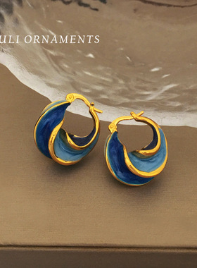 YGM复古港风蓝色滴油螺旋纹造型耳圈气质高级感百搭网红耳环