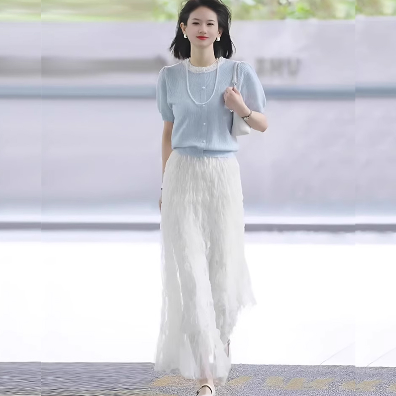 RIERA清纯系夏日一整套绝美气质穿搭高级感超好看蓝色上衣半身裙