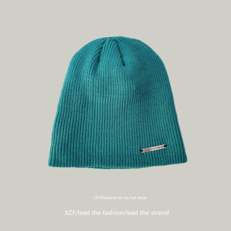 毛线帽子女冬日系潮牌百搭铁标纯色水桶针织帽加厚套头帽包头冷帽