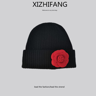 金智妮同款山茶花帽子女秋冬新款保暖毛线帽痞幼红花黑色针织冷帽