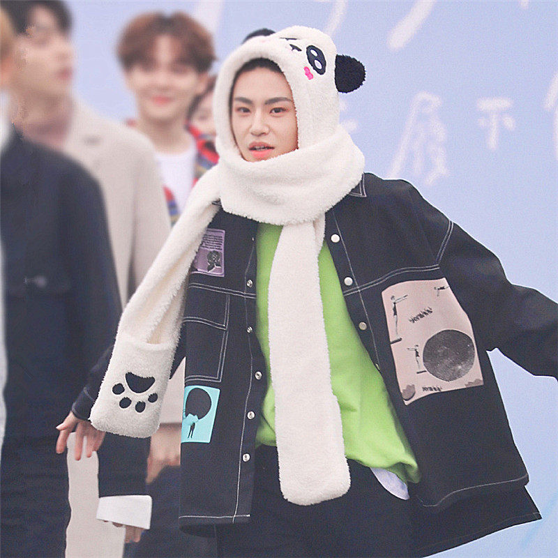 小鬼王琳凯同款熊猫围巾卡通保暖羊羔绒秋冬加厚保暖帽子手套一体