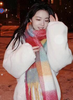 暴雪时分赵今麦殷果同款围巾女彩色格子冬季加厚保暖马海毛围脖潮