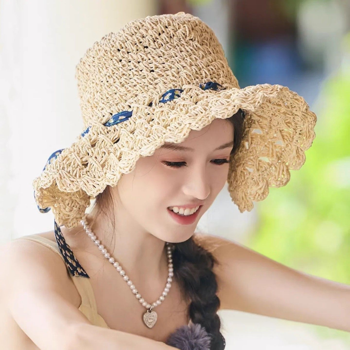 花少张雅琪同款碎花带子草帽女夏季海边沙滩度假风防晒草编遮阳帽