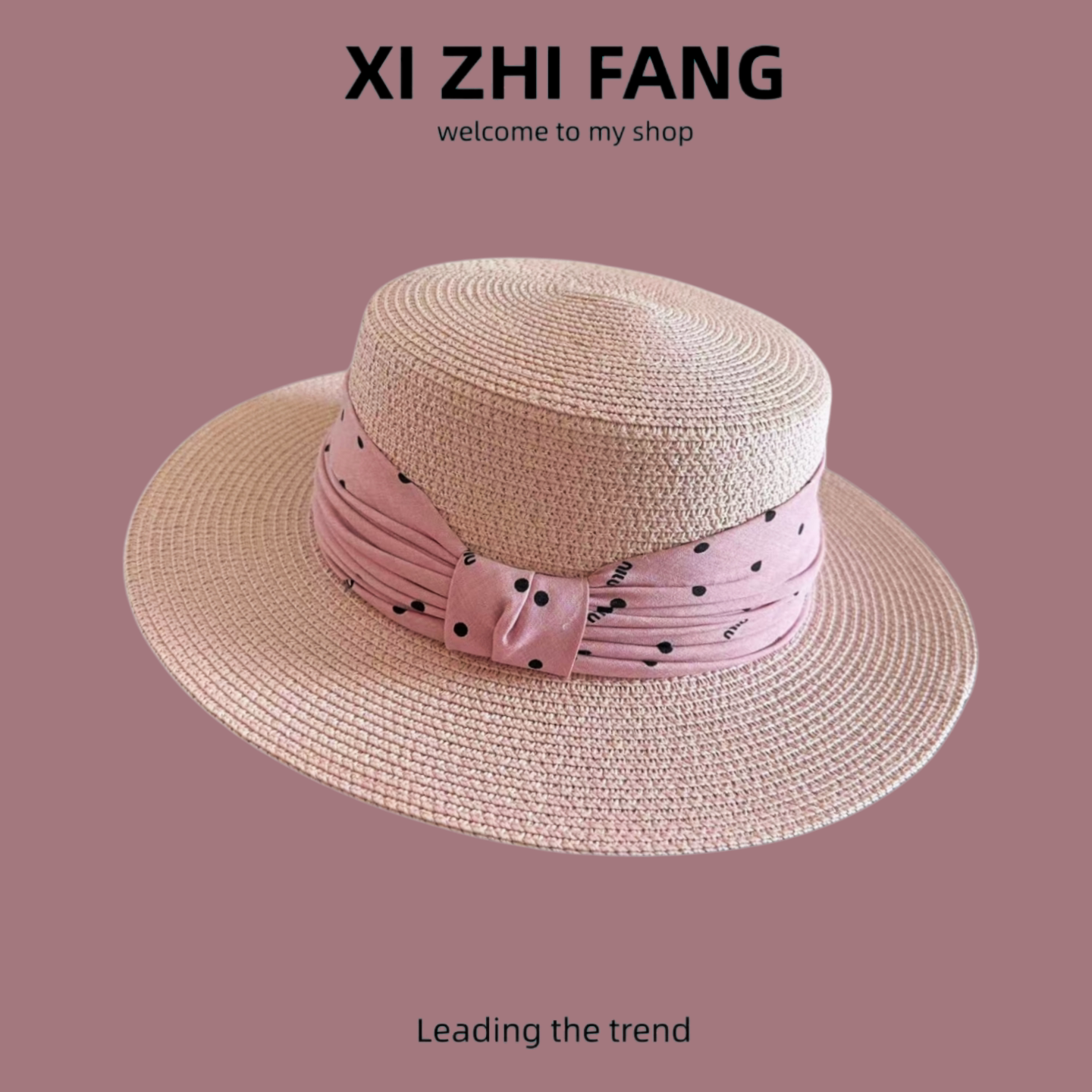 草帽女2026新款平顶帽子夏季海边沙滩优雅甜美粉色波点遮阳防晒帽