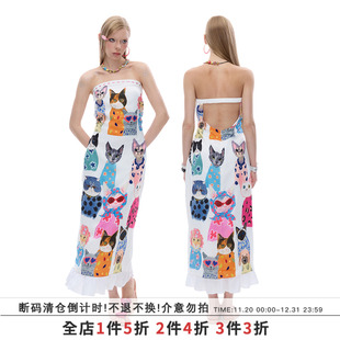 SUMIYAKI 27 度假抹胸长裙猫咪印花露肩裙子