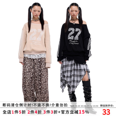 SUMIYAKI 27 宽松斜肩卫衣蕾丝刺绣女宽松上衣美式字母长袖上衣女