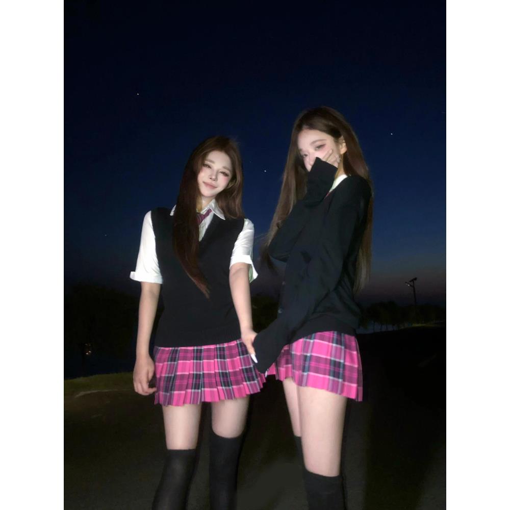 【小玫】原创漫画校供感JK格裙日系学生半身裙学院风玫红百褶短裙