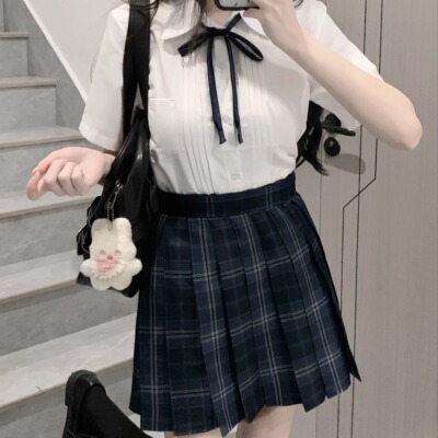 jk制服收腰修身白衬衫百褶裙两件套学院风校供原创狗短格裙套装女