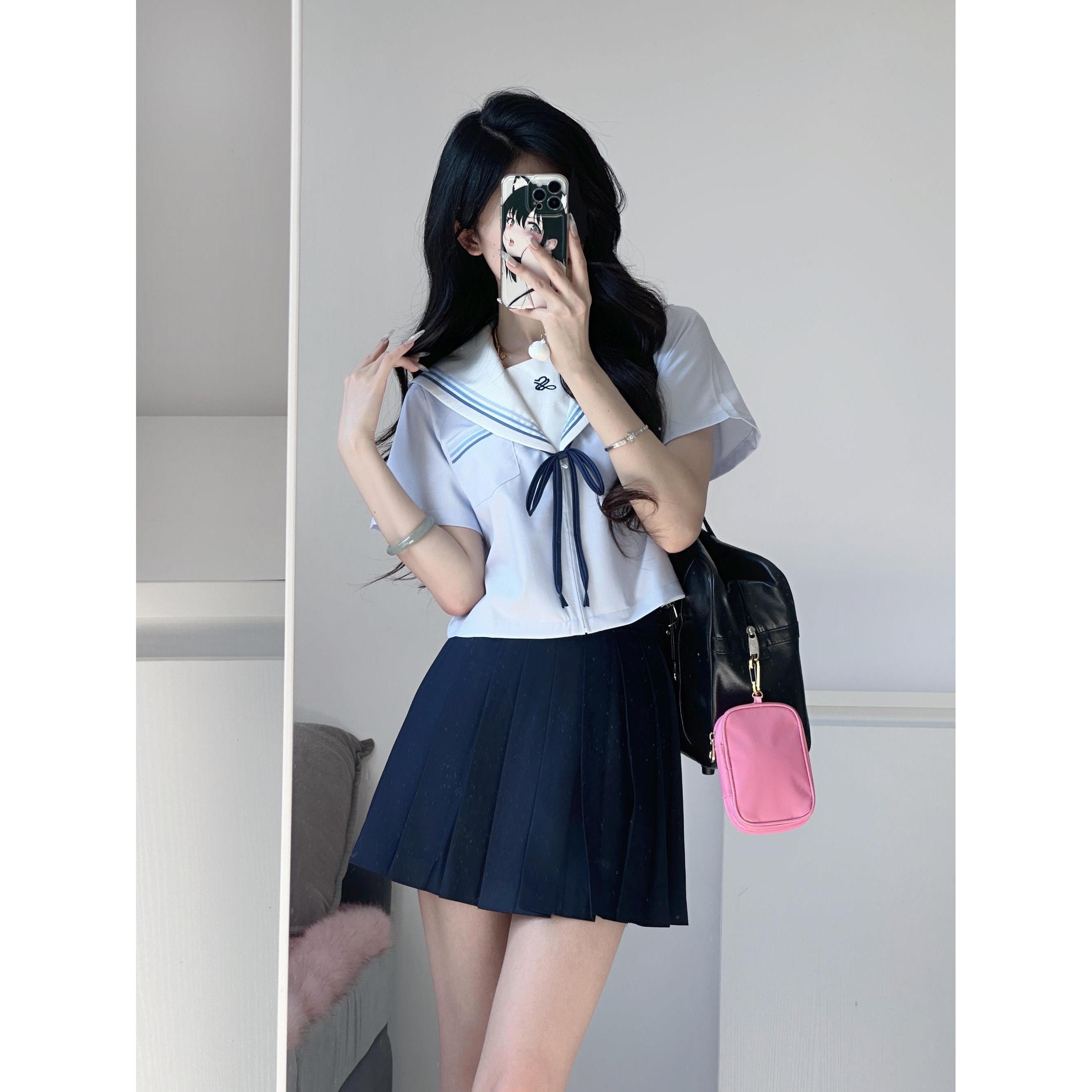 甘心物语原创 水色水手服日系学院风基础款校供制服百褶裙套装女