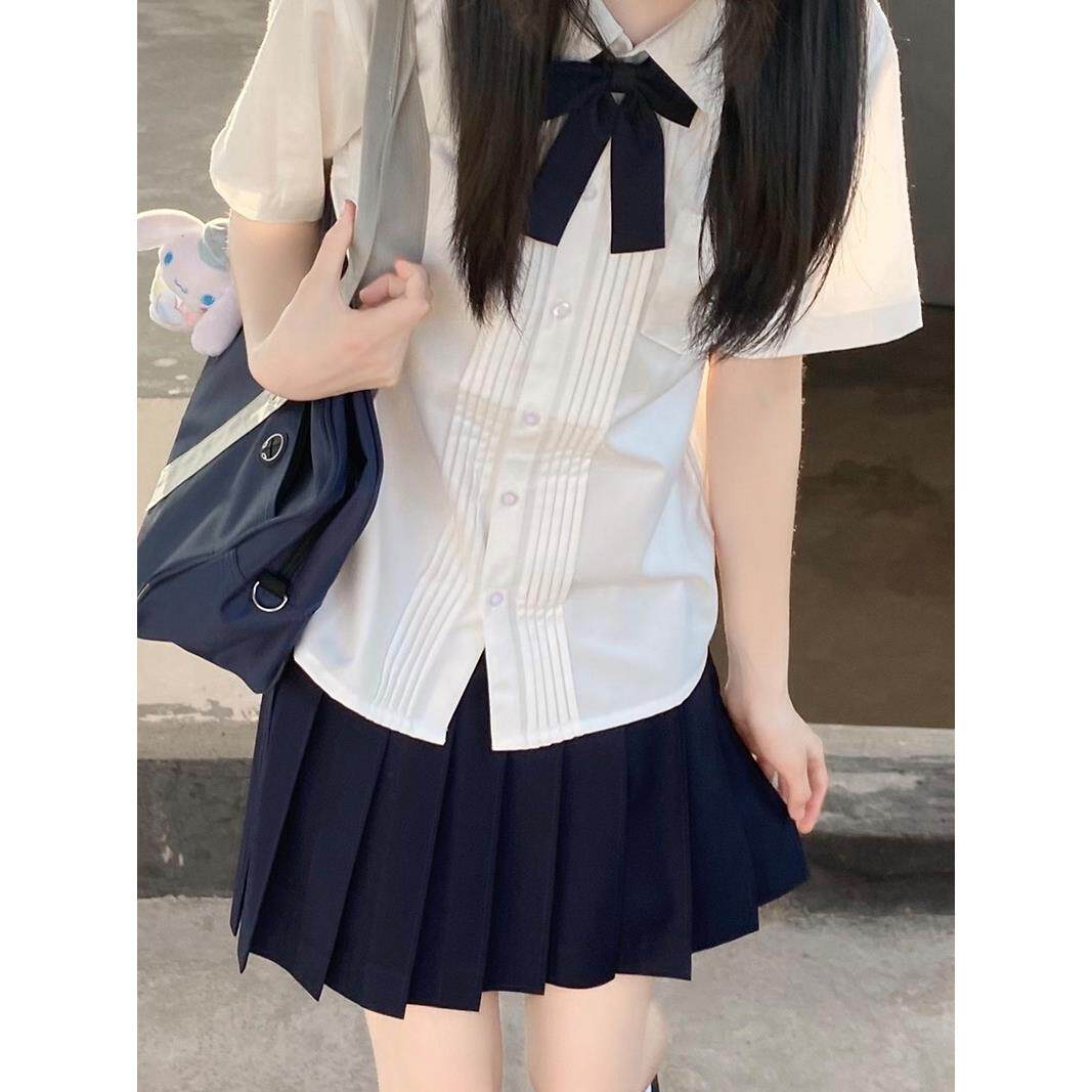 jk制服套装附中校服风琴褶短袖白色衬衫女士春夏季学生学院风上衣 - 实物图