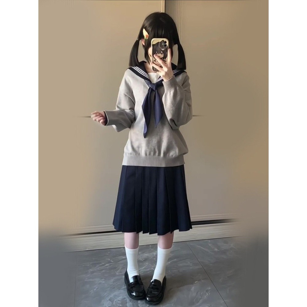 JK制服灰色毛衣外套女叠穿校供感日系学院风绀三本水手服长裙套图片