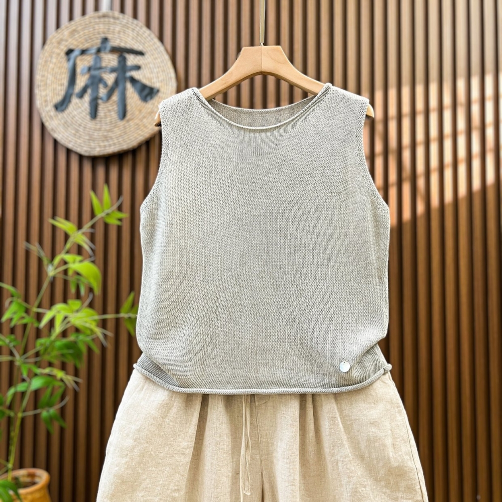 时尚亚麻针织马甲小背心女外穿夏季薄款宽松大码无袖套头上衣短款