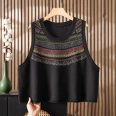 宽松显瘦百搭坎肩棉线叠穿背心 新款 大码 文艺印花针织马甲女春秋季