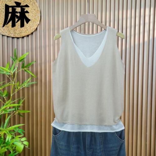 【清凉透气】夏季薄款假两件v领无袖上衣t恤女亚麻背心针织衫马甲