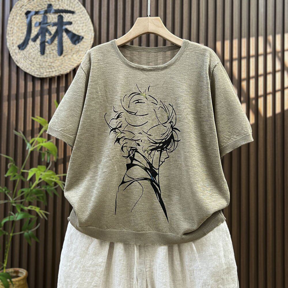 大码胖妹妹时尚圆领短袖套头印花t恤女夏宽松冰丝针织衫短款上衣
