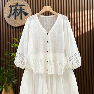 大码镂空灯笼袖开衫外套女薄款