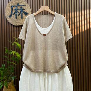 【夏季薄薄薄款】假两件韩系v领短袖t恤女宽松亚麻针织衫短款上衣
