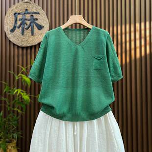 【夏季薄薄薄款】大码韩系短袖夏季t恤女宽松亚麻针织衫短款上衣