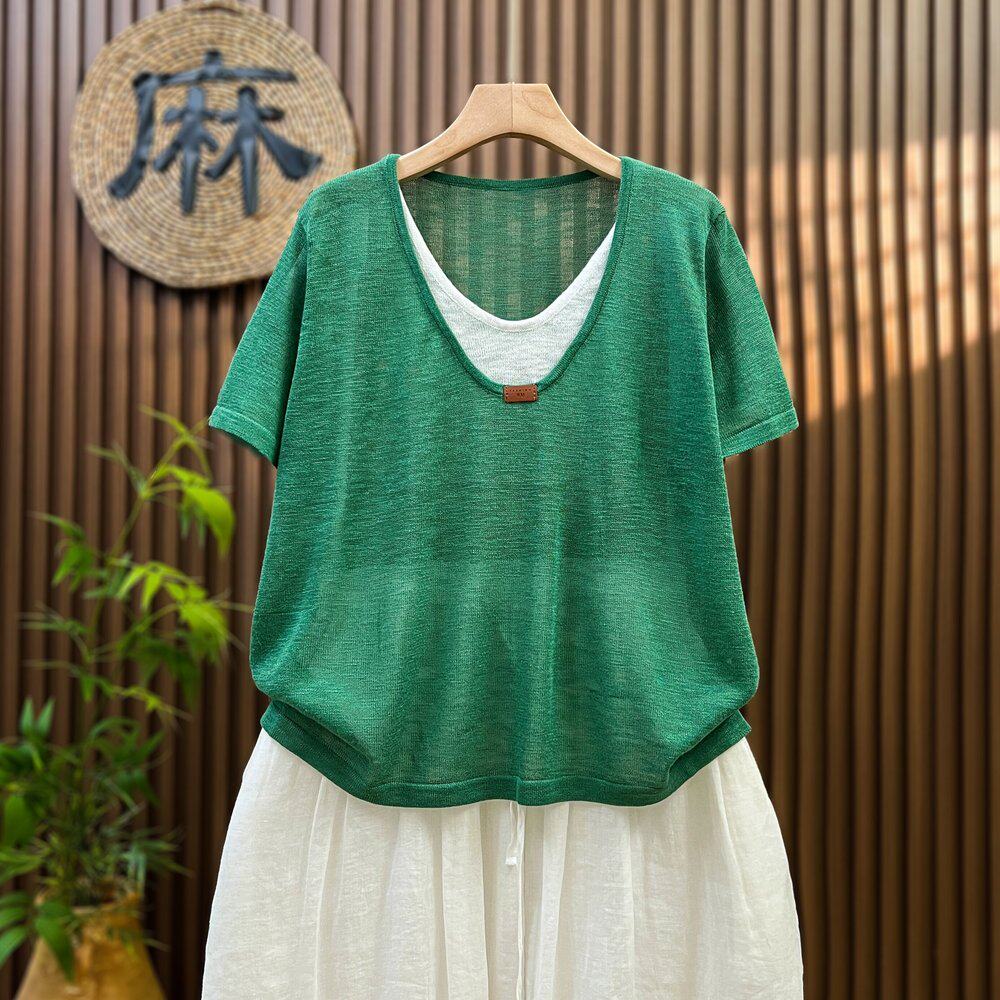 【清凉夏日】假两件韩系v领短袖套头t恤女宽松亚麻针织衫短款上衣