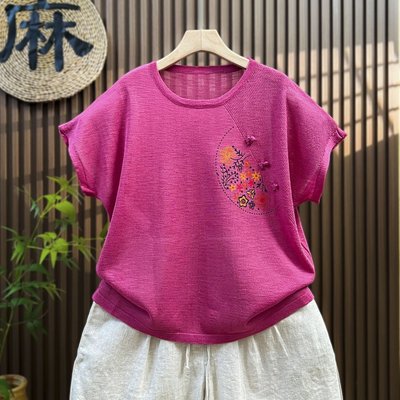 大码圆领短袖套头印花t恤女正肩