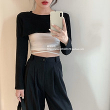辣妹风叠穿上衣女长袖纯棉宽松超短款罩衫韩国高腰T恤ins小心机潮