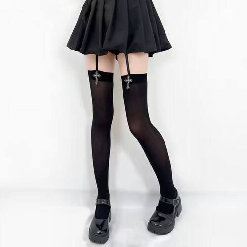 爆款暗黑十字架吊带一体过膝袜Lolita天鹅绒黑白纯色少女长筒袜子