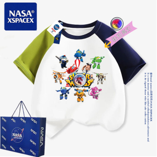 NASA联名男童发光超级飞侠纯棉短袖T恤儿童夏季多巴胺穿搭上衣服