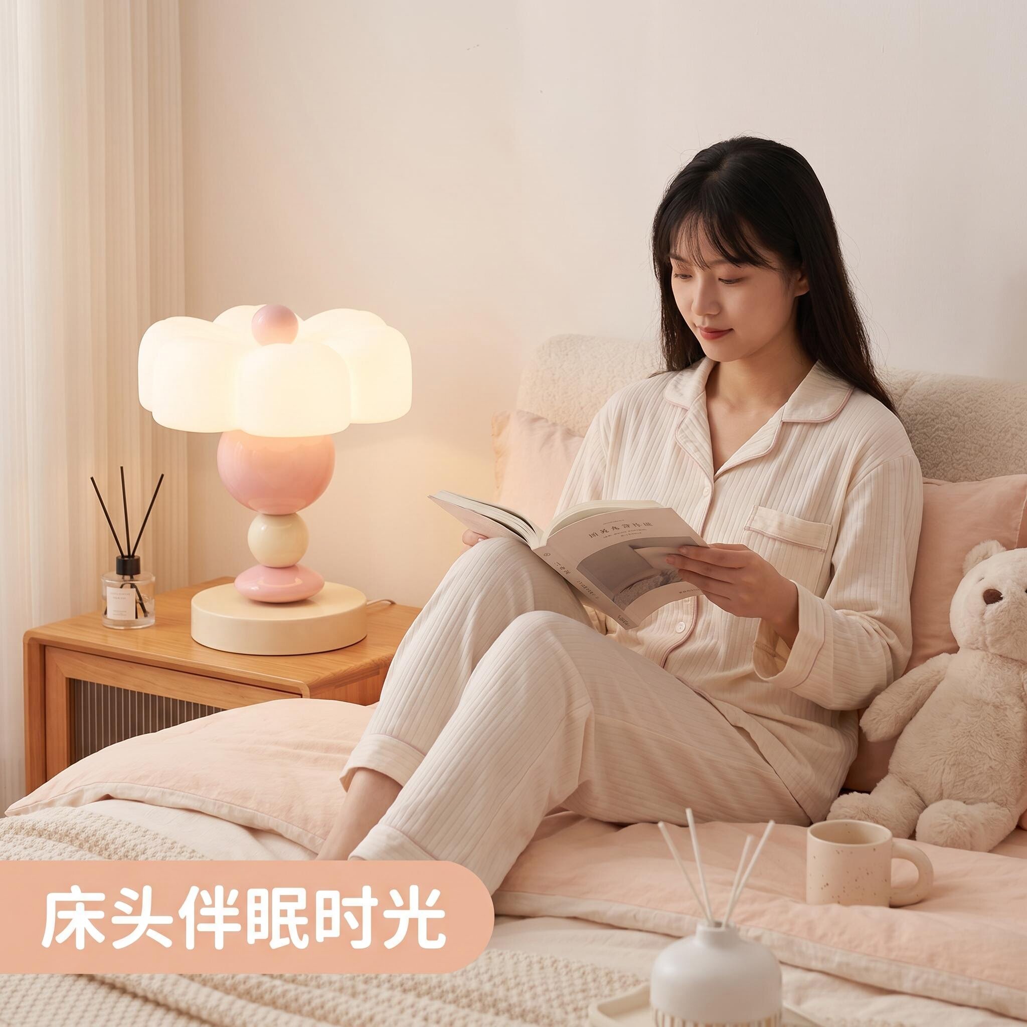 可爱奶油风触控充电花朵台灯