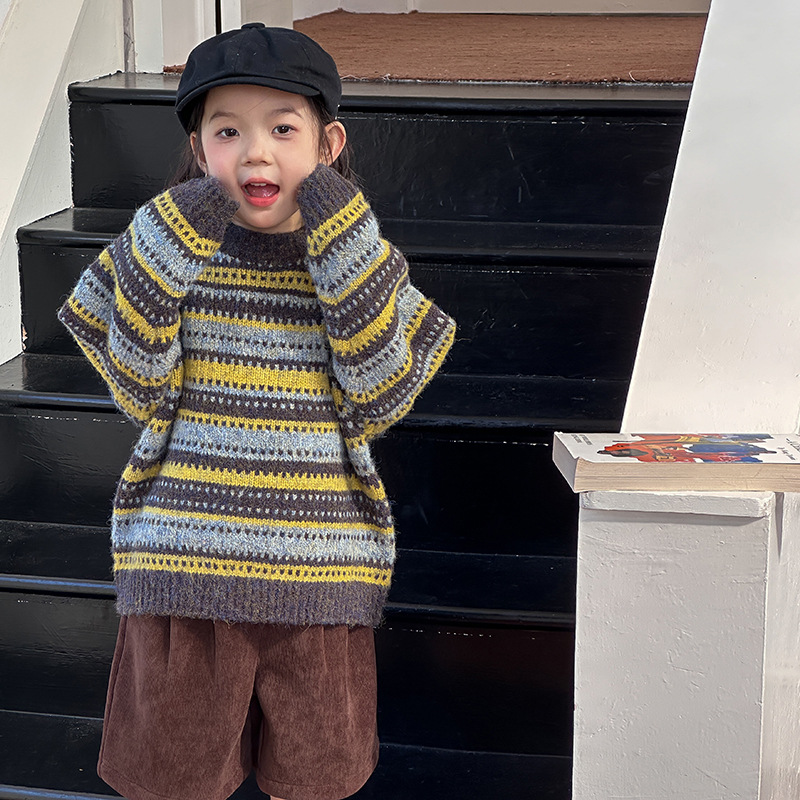 25冬季男女童个性民族风渐变条纹针织套头上衣秋冬复古提花毛衣