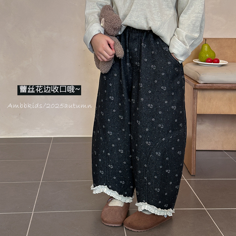 女童文艺花边碎花牛仔裤儿童秋季设计感简约拼接休闲裤