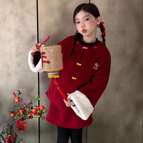 2025冬款新中式童装女童马年大吉国风新年红色绣花拜年棉服裙套装