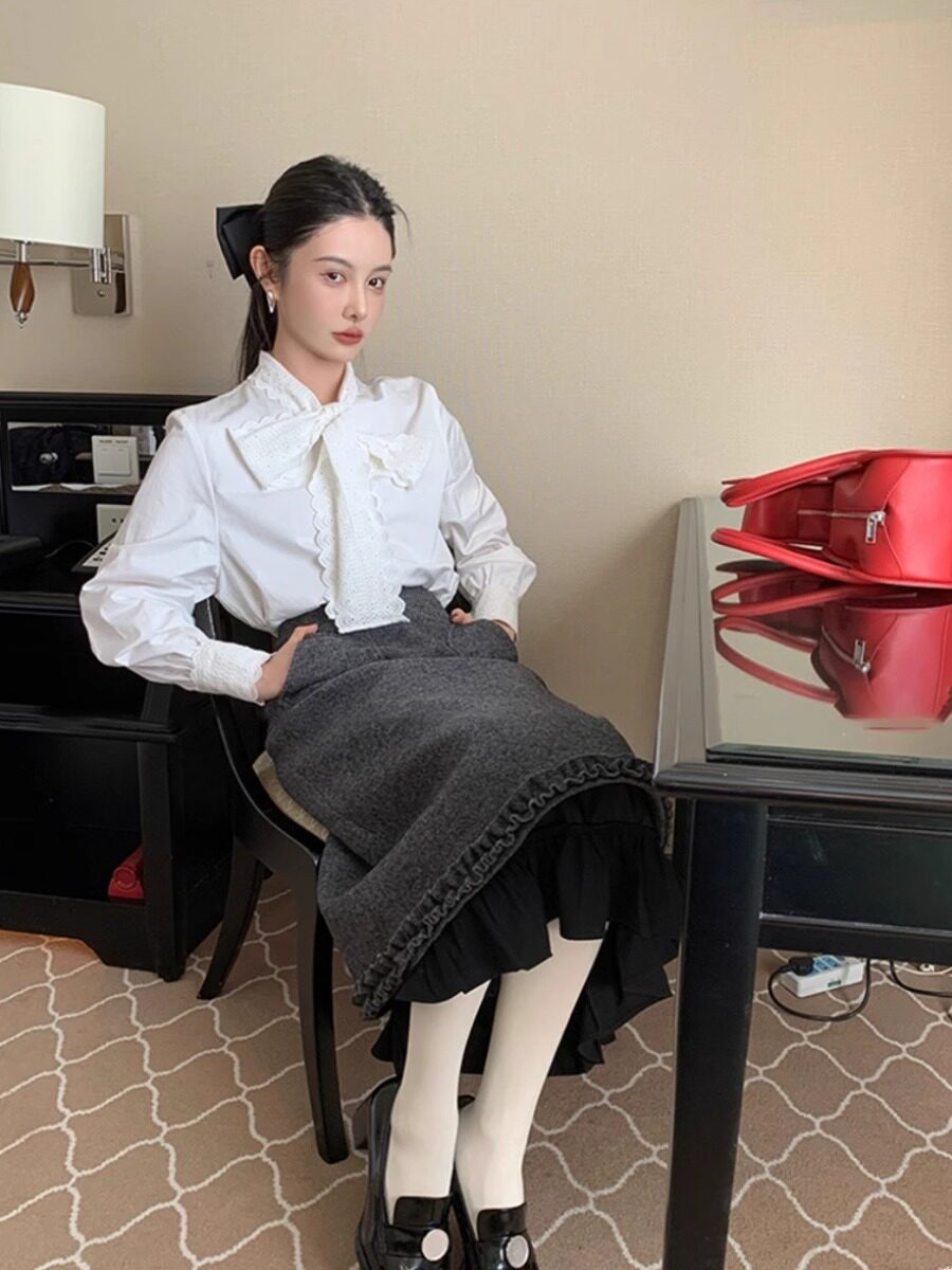 GROVE FOREVER 봄 가을 겨울 프랑스 스타일 화이트 스탠드 칼라 셔츠 여성 고급 가디건 탑