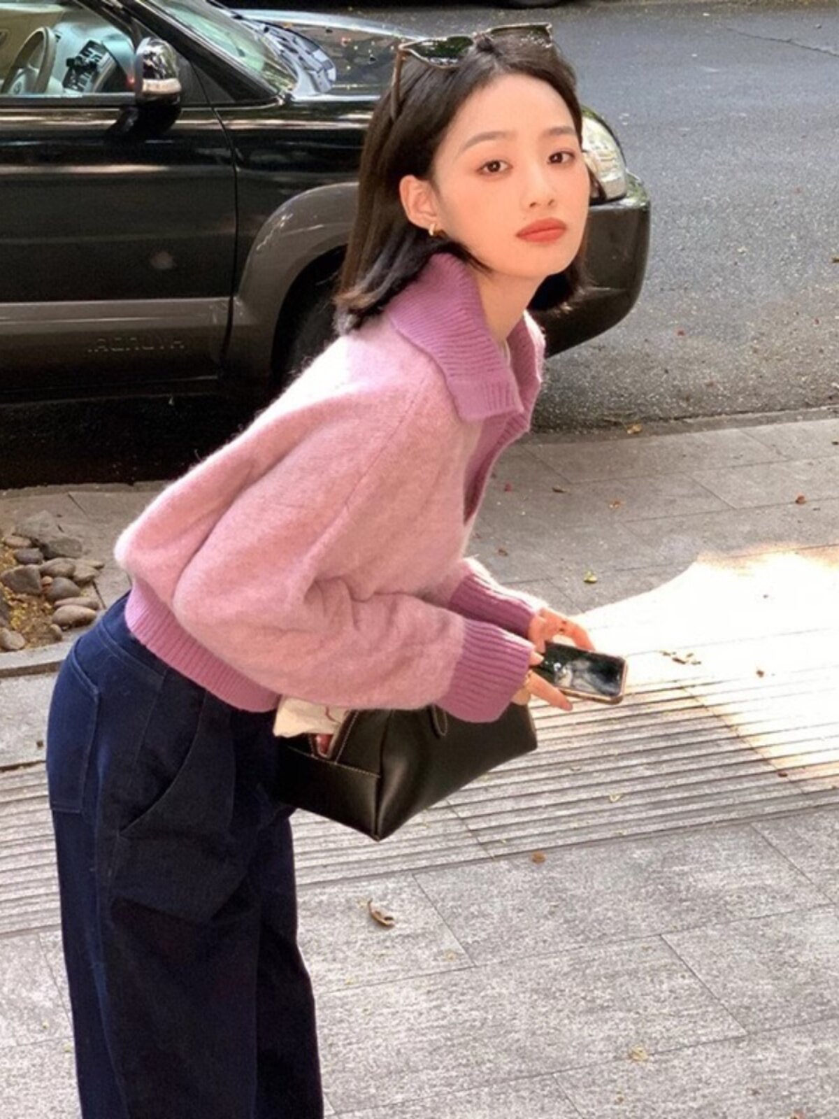 GROVE FOREVER 봄 가을 신상 고단 니치 니트 스웨터 대비색 라펠 스웨터