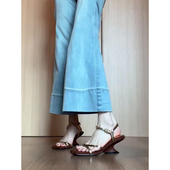 坡跟凉鞋 复古一字带金色细带气质异形粗跟高跟鞋 女夏2024新款 法式