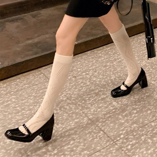 高跟鞋 不磨脚 浅口圆头一字扣带粗跟法式 2025年新款 黑色玛丽珍鞋