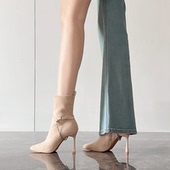 尖头细跟短靴女新款 迪丽米迪 气质裸杏色高跟弹力瘦瘦靴女秋冬款