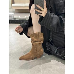 2025秋冬新款绒面尖头粗跟中跟短靴中筒靴高跟堆堆靴西部牛仔靴