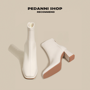 方头粗跟短靴女法式白色高跟鞋秋冬加绒马丁弹力瘦瘦靴裸靴