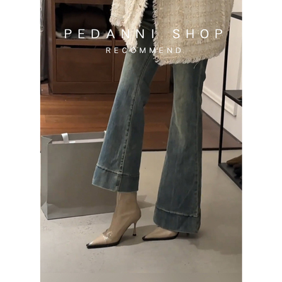 佩丹妮奶茶色复古高跟尖头短靴女秋冬百搭漆皮细跟弹力瘦瘦靴裸靴