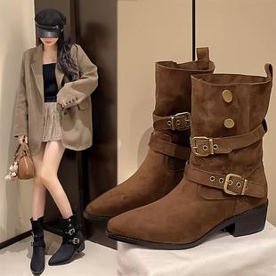 5cm英伦风小众覆古真皮粗跟一脚蹬中筒靴女秋冬甜酷短靴西部靴M01