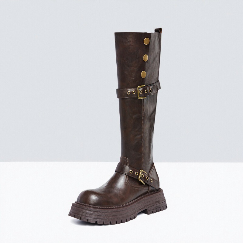2025年秋冬季新款小个子粗腿长筒靴骑士靴黑色厚底高筒靴子长靴女