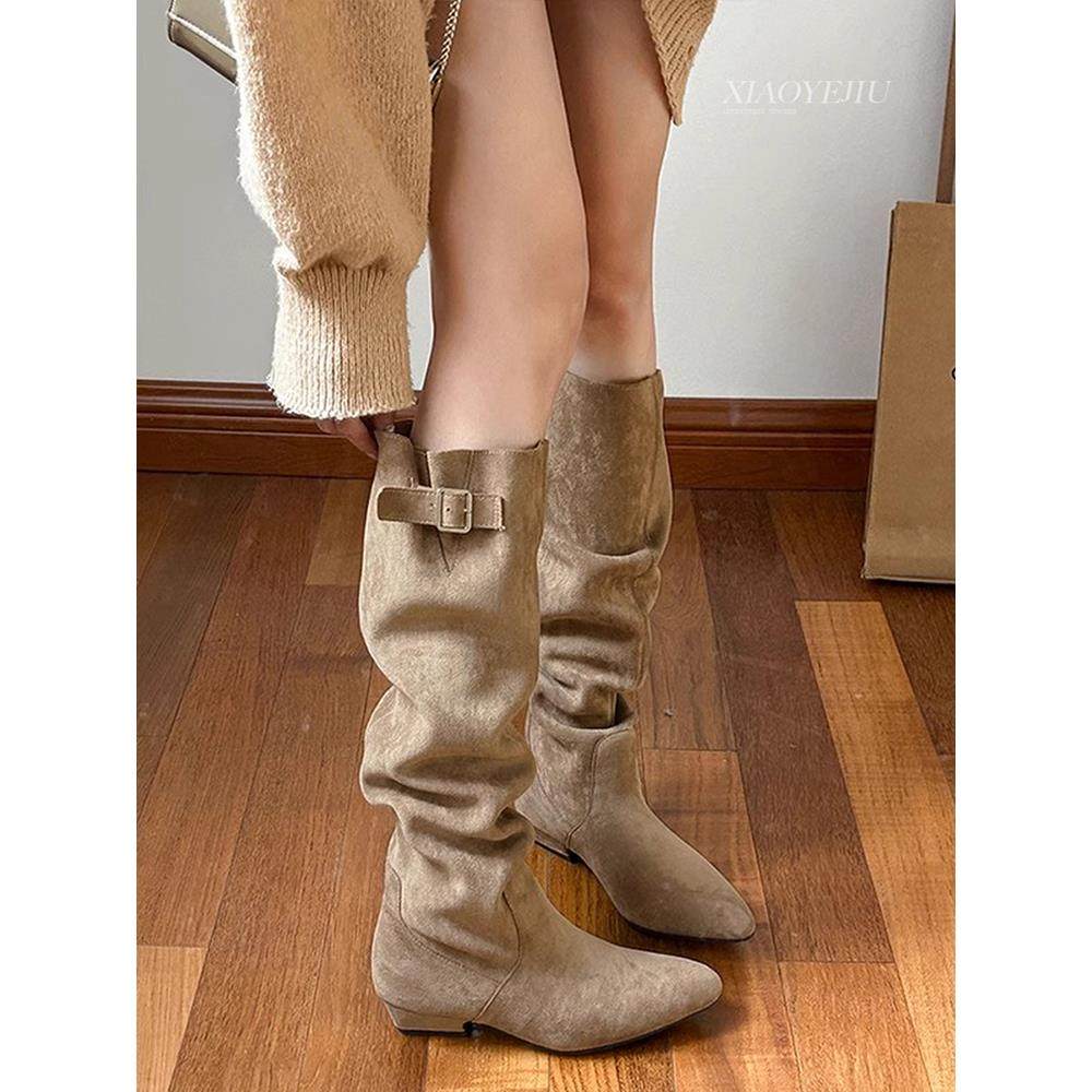 真皮版~复古磨砂绒面平底西部靴女秋冬新款皮带扣低跟尖头高筒靴,女鞋,时装靴,淘宝优惠券,粉丝福利购,淘宝优惠卷